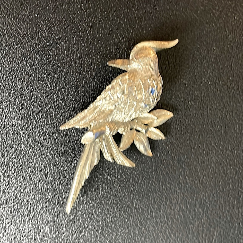 Vintage Bird on‎ Branch Metal Brooch Pin in Silver Tone EUC